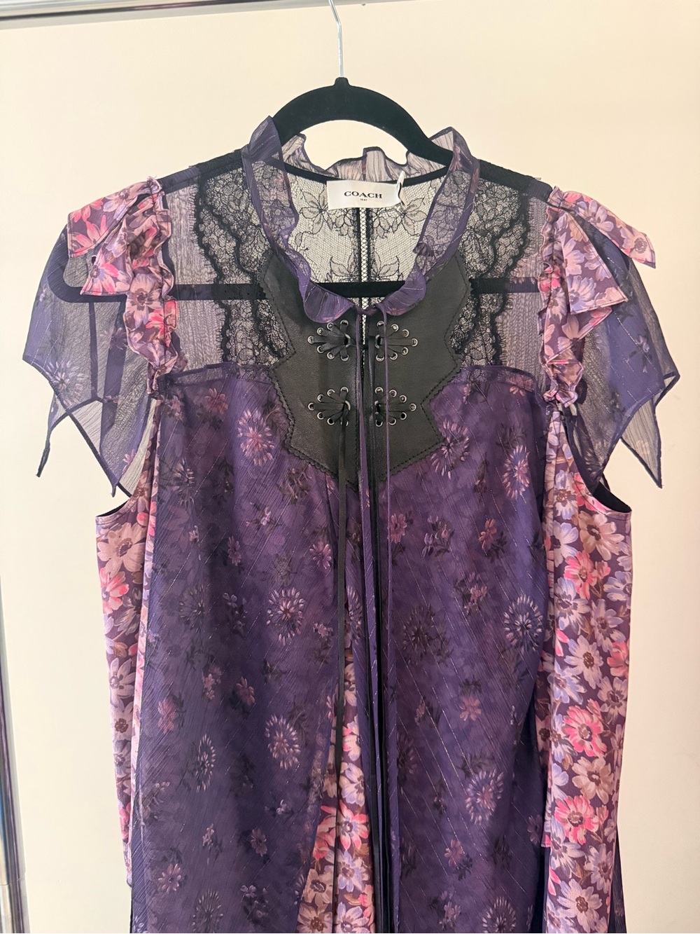 Coach Purple Floral Sheer Lace-Trim Tunic Top
